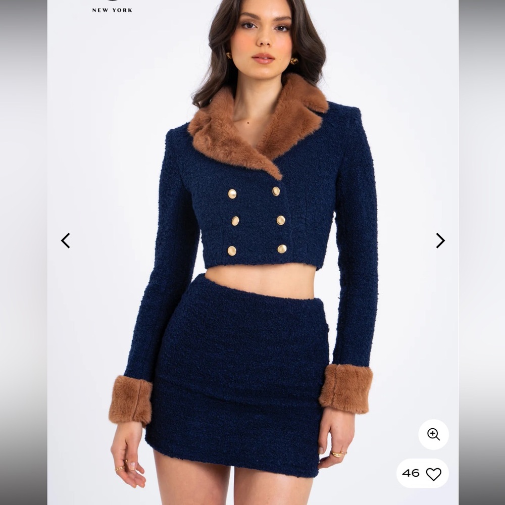 Wylda Navy Blue Boucle Wool Bodycon Mini Skirt Set